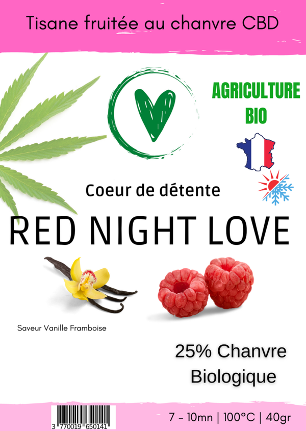 Infusion CBD Tisane fruitée BIO au chanvre | Red night love - Saveur Vanille Framboise